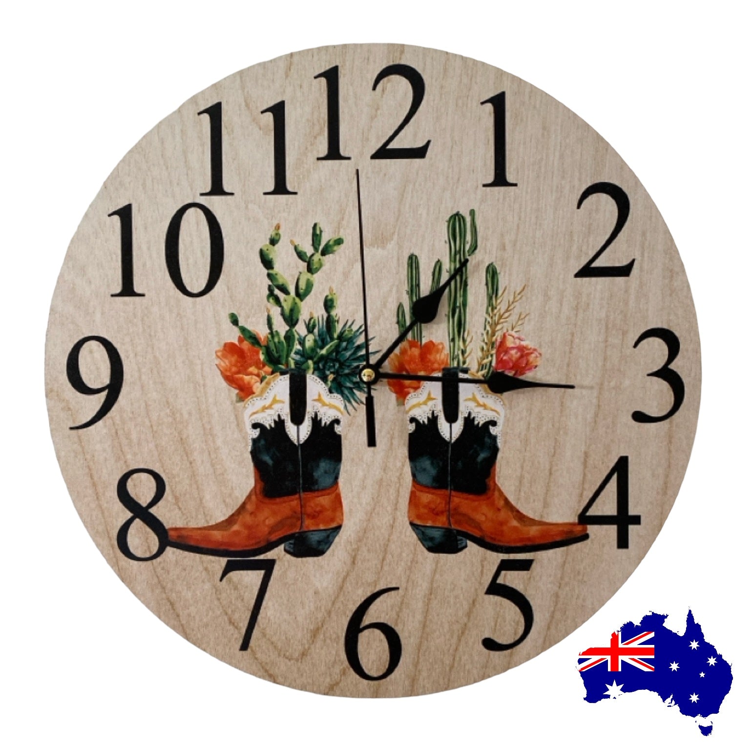 Clock Wall Western Country Boots Cactus Floral Aussie Made - The Renmy Store Homewares & Gifts 