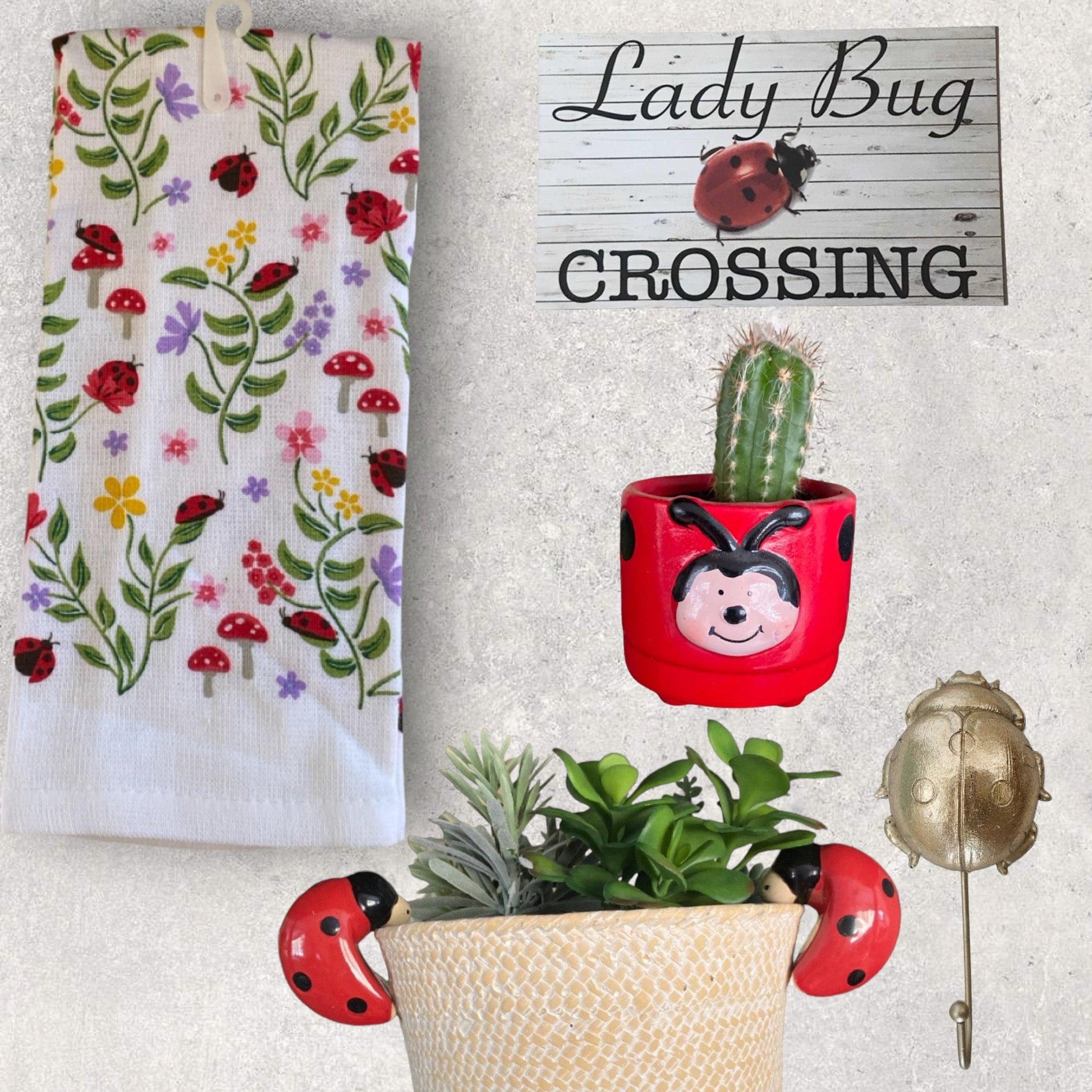 Lady Beetle Tea Towel Planter Hook Pot Sitter Sign Gift Set - The Renmy Store Homewares & Gifts 