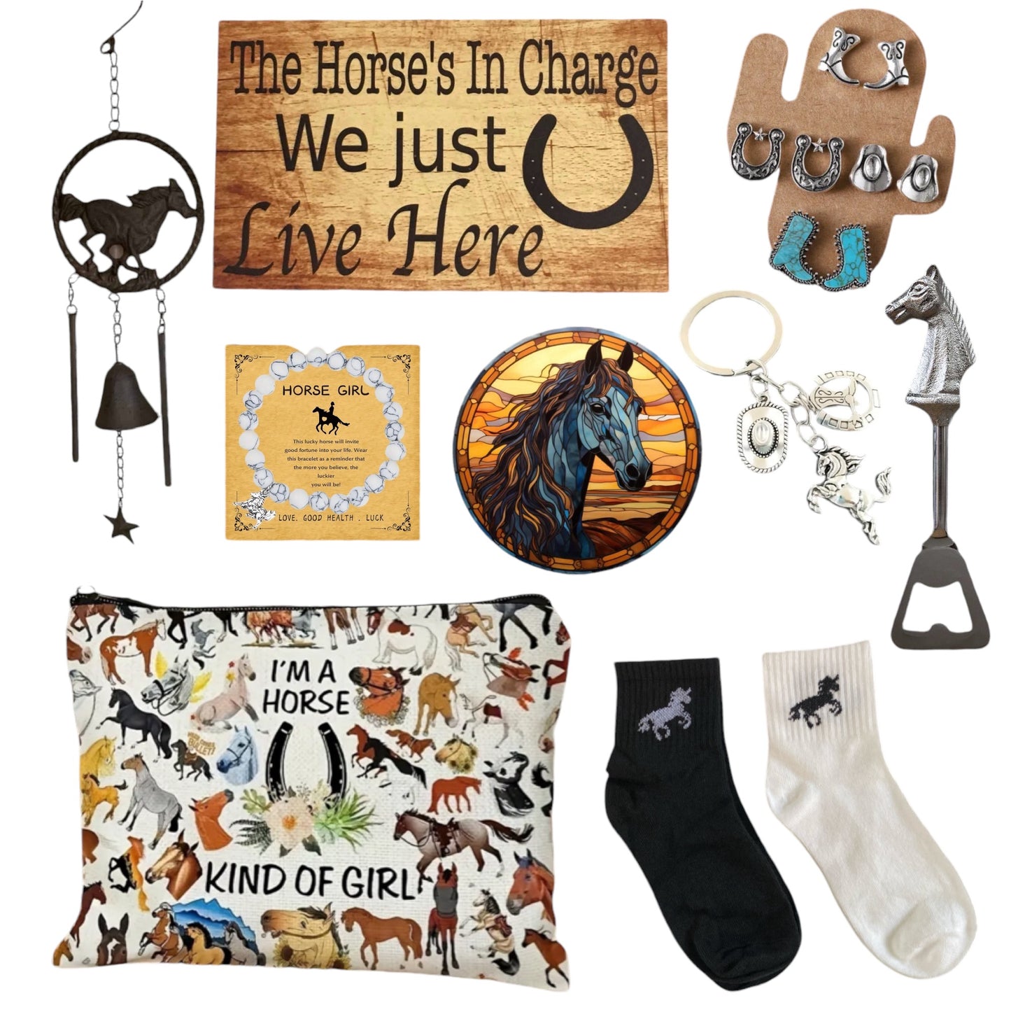 Horse Lover Bag Socks Cast Iron Bell Earrings Bracelet Sign Gift Set