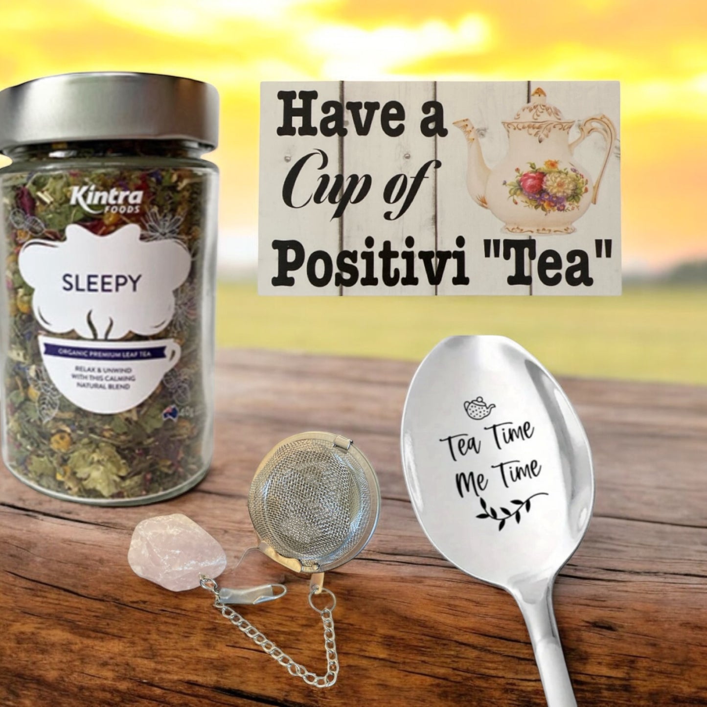 Sleepy Tea Me Time Spoon Strainer with Crystal Sign Gift Pack