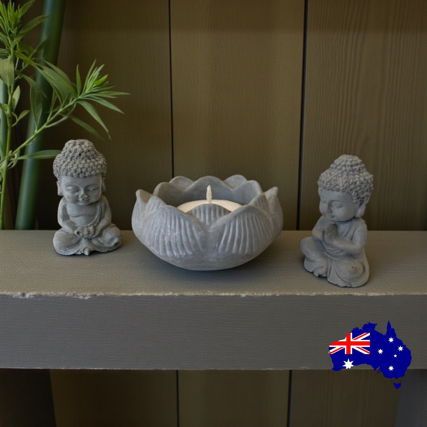 Buddha Set with Lotus Candle Holder Aussie Handmade Concrete