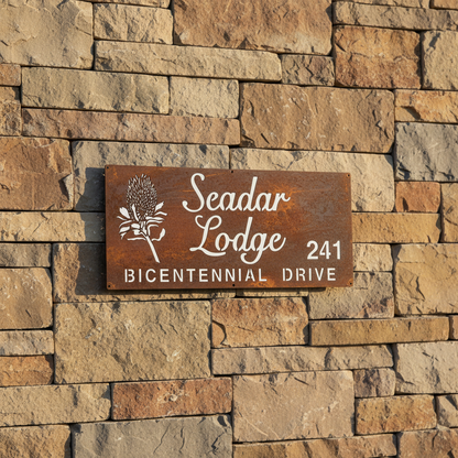 Large Property Gate Wall Banksia Flower Custom Address Sign - Personalised Rusty Metal Steel Sign - Australian Made + POSTAGE