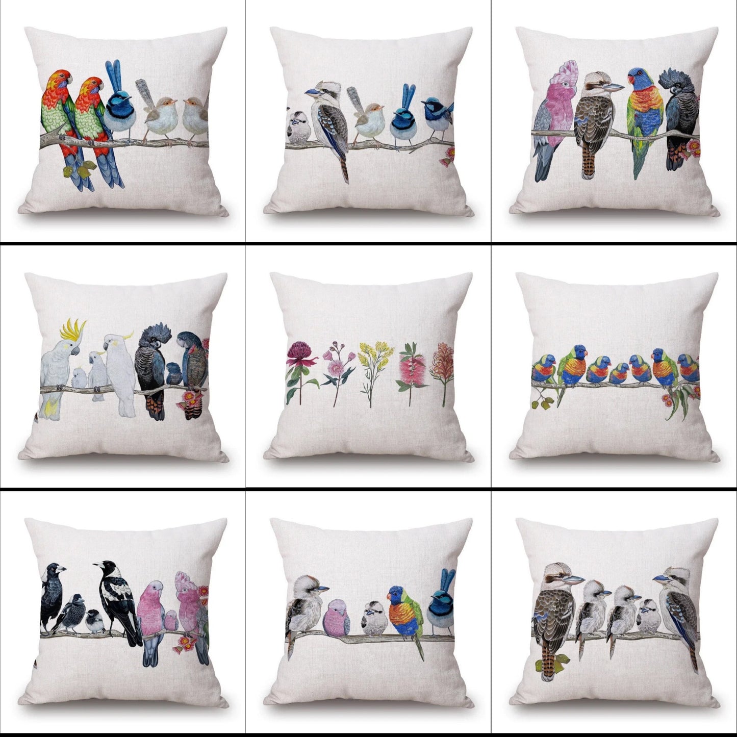 Cushion Cover Australian Bird Range Kookaburra Lorikeet Galah Magpie