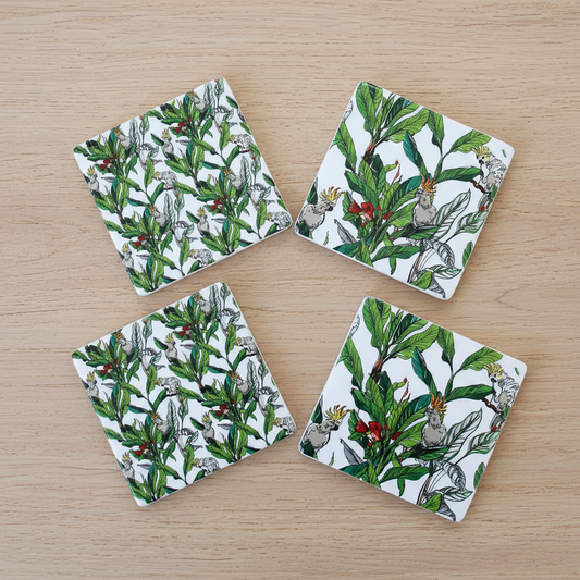 Cockatoo Bird Tropical Coastal Ceramic Coaster Set of 4 | Aussie Made | Bird Lover Gift