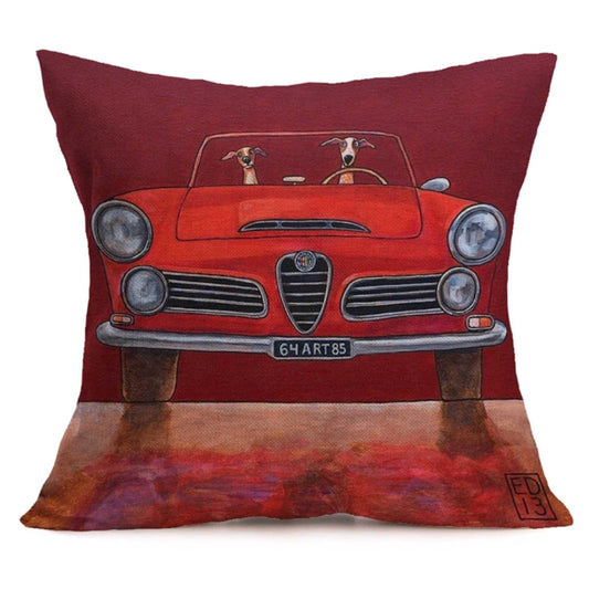 Cushion Pillow Retro Fun Dogs In Red Car - The Renmy Store Homewares & Gifts 