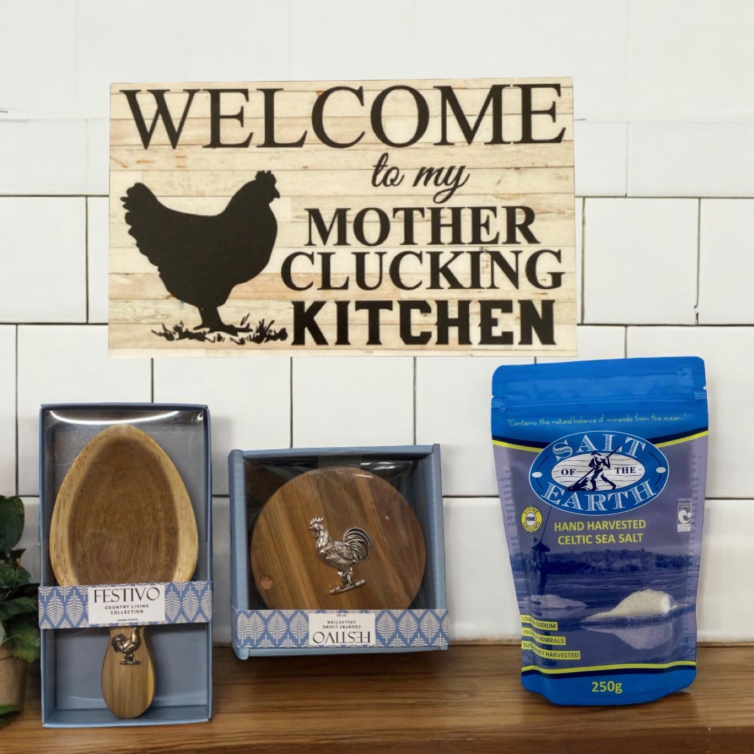 Celtic Salt Chicken Wooden Container Clucking Kitchen Sign Spoon Gift Pack - The Renmy Store Homewares & Gifts 