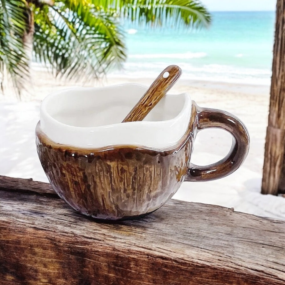 Cup Mug Spoon Coconut Coconut Shell Ceramic Tropical