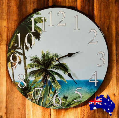 Clock Wall Tropical Palm Beach Coastal Aussie Made