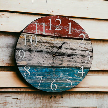 Clock Wall Rustic Red White Blue Timber Aussie Made - The Renmy Store Homewares & Gifts 