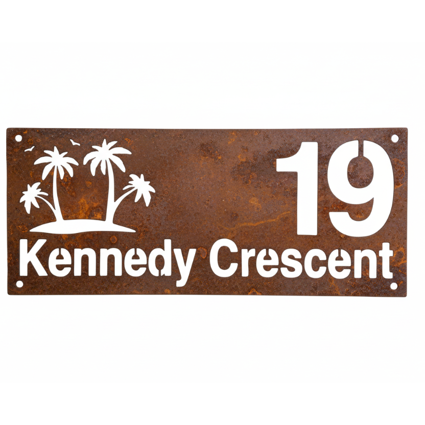Custom Tropical Beach Number Address Sign - Personalised Rusty Metal Steel Sign - Australian Made