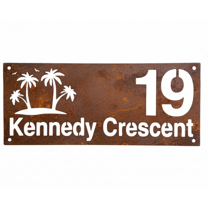 Custom Tropical Beach Number Address Sign - Personalised Rusty Metal Steel Sign - Australian Made