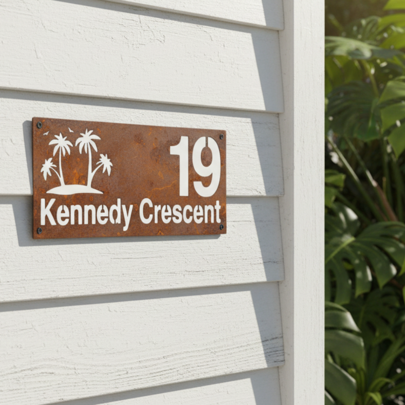 Custom Tropical Beach Number Address Sign - Personalised Rusty Metal Steel Sign - Australian Made