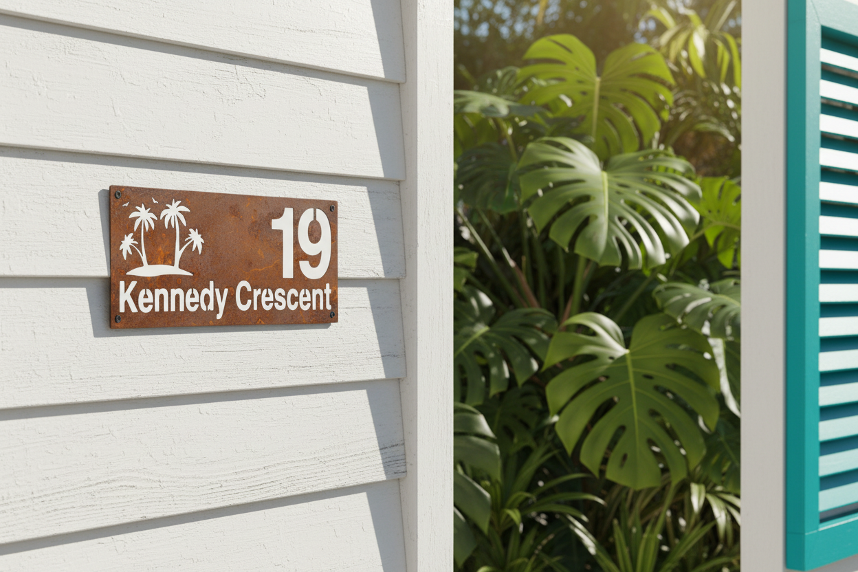 Custom Tropical Beach Number Address Sign - Personalised Rusty Metal Steel Sign - Australian Made