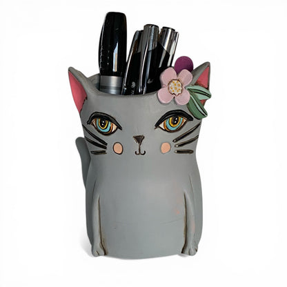 Cat Plant Pot or Pen Holder Resin Hand Painted - White or Grey Kitty 19x16cm