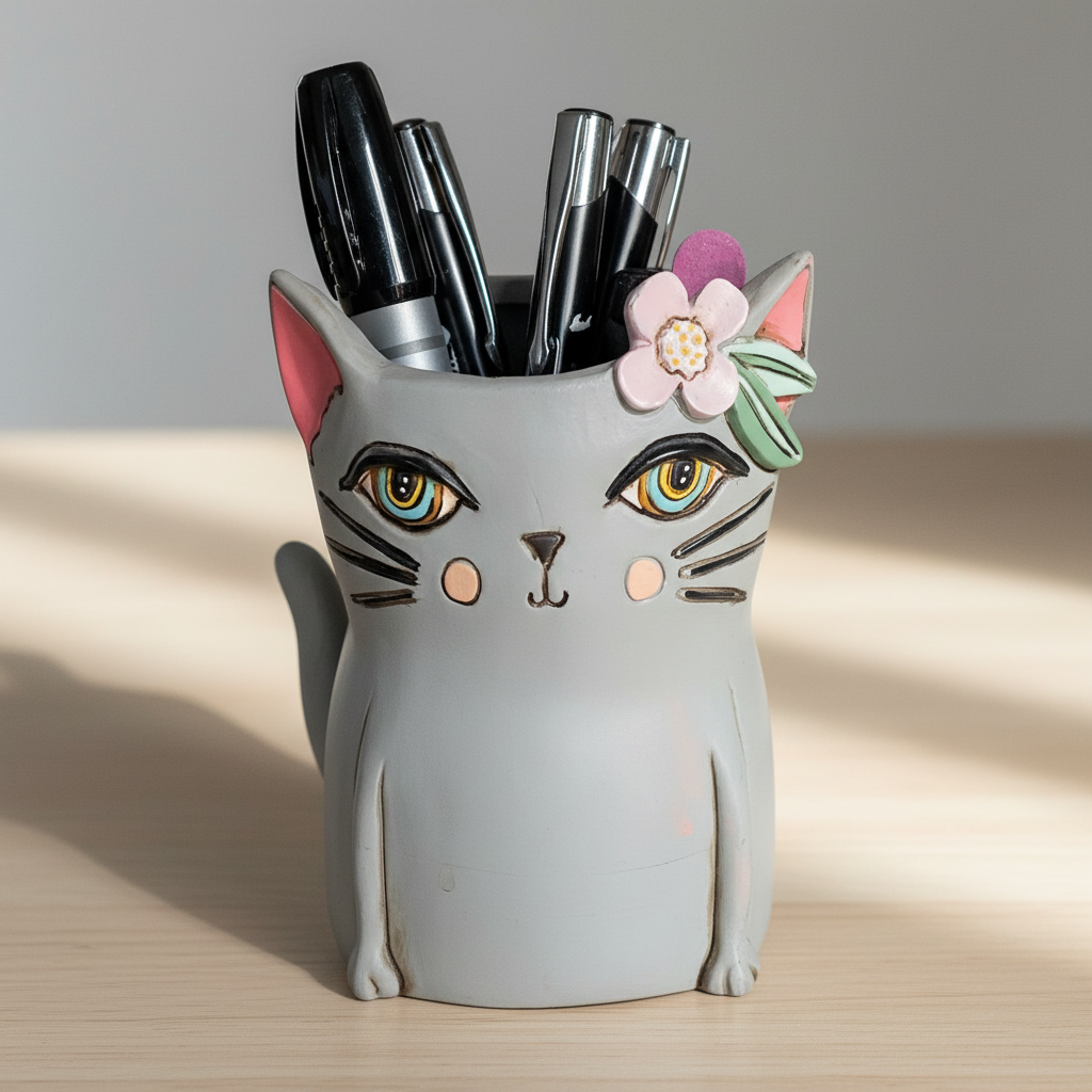 Cat Plant Pot or Pen Holder Resin Hand Painted - White or Grey Kitty 19x16cm