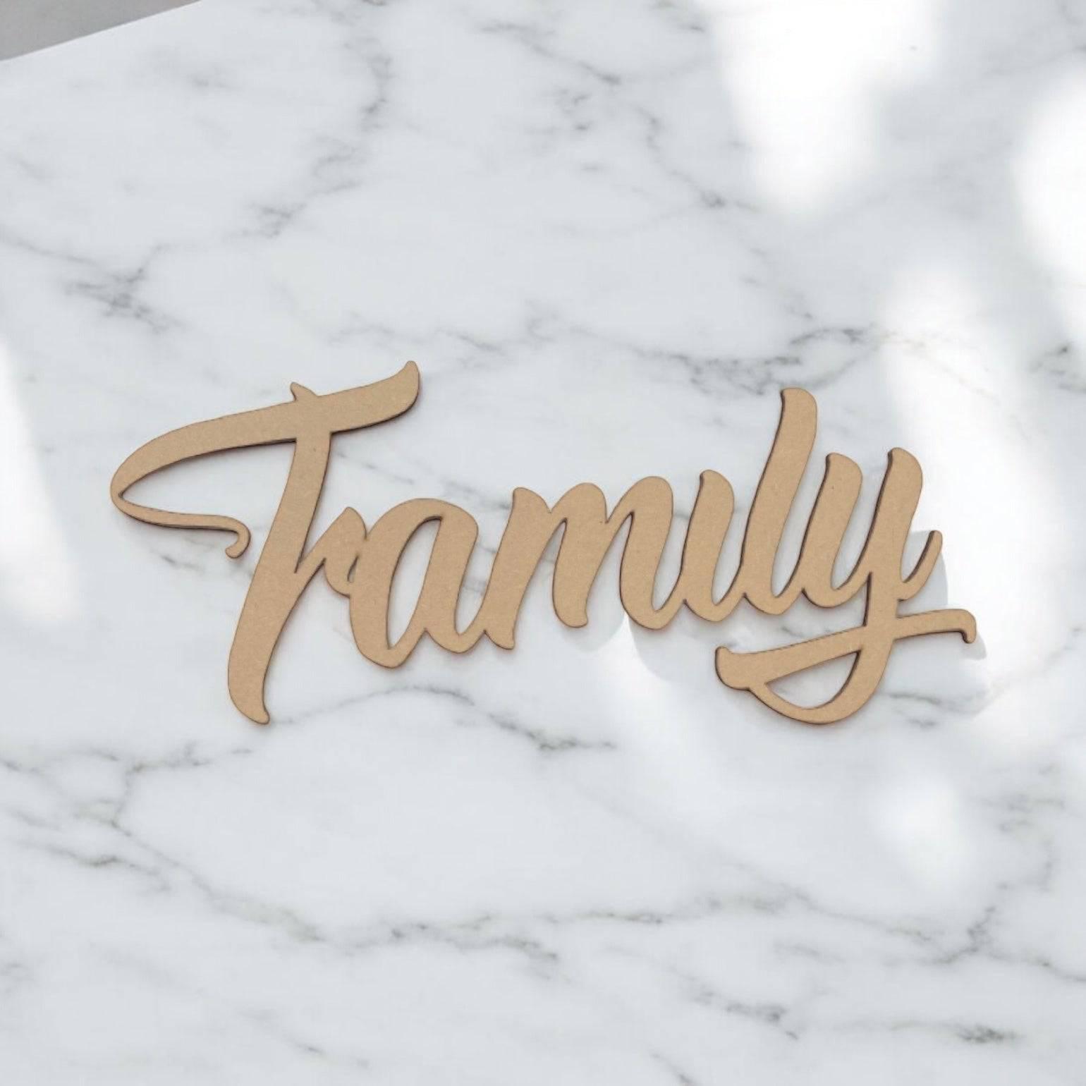 Family Script MDF Shape Word Raw Wooden Wall Art - The Renmy Store Homewares & Gifts 