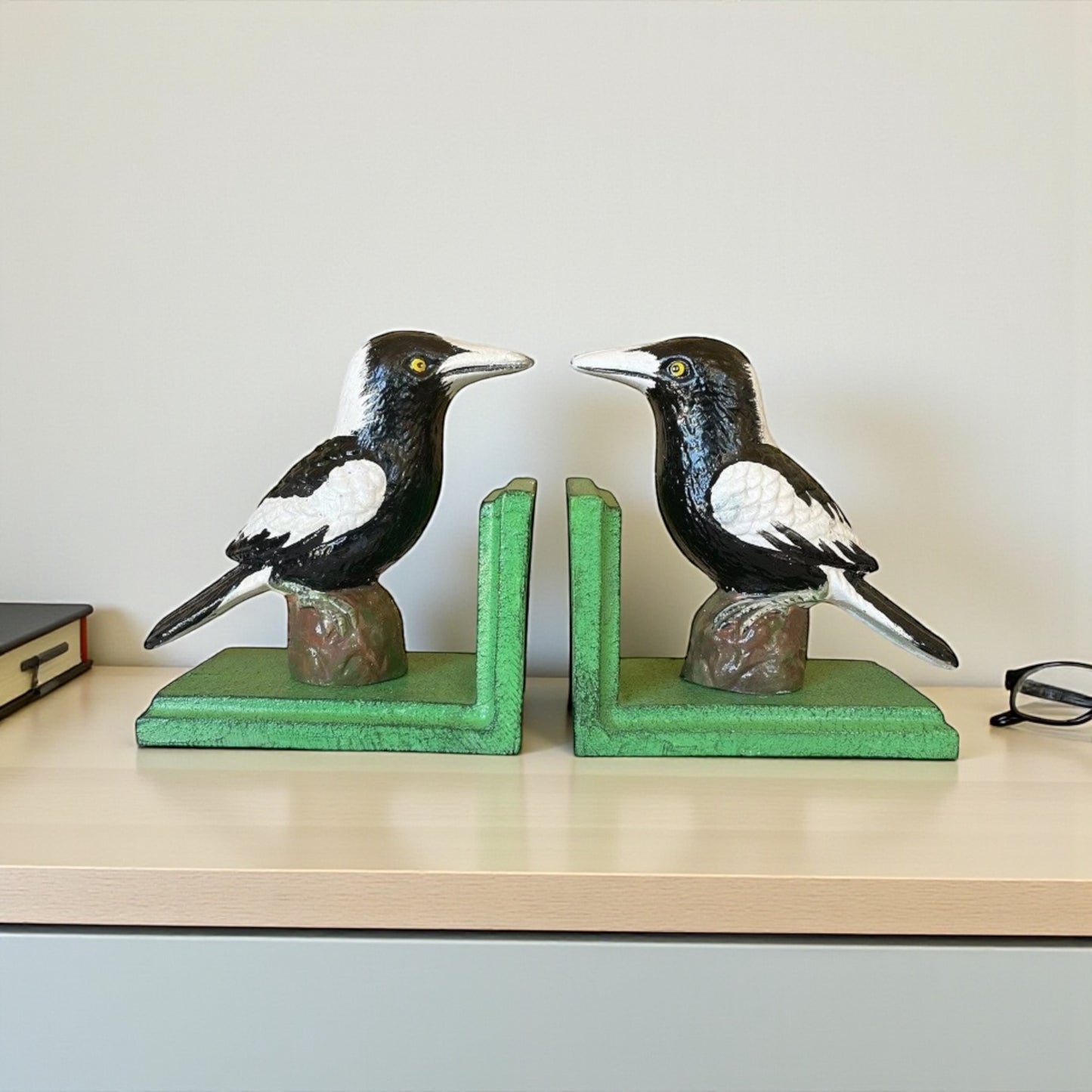 Book Ends Magpie Bird Pink Cast Iron