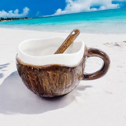 Cup Mug Spoon Coconut Coconut Shell Ceramic Tropical