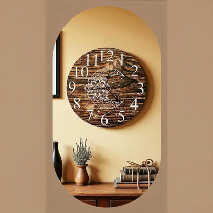 Clock Wall Moon Mandala Dark Timber 30cm or 60cm  Aussie Made