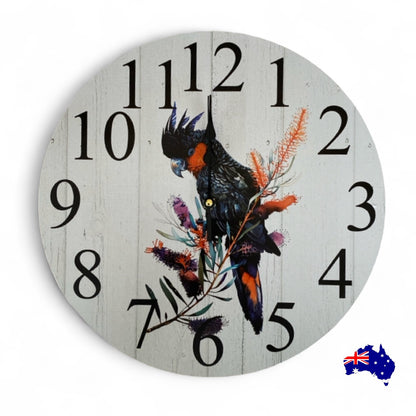 Black Cockatoo Red Tail Wall Clock | Aussie Made 30cm 60cm