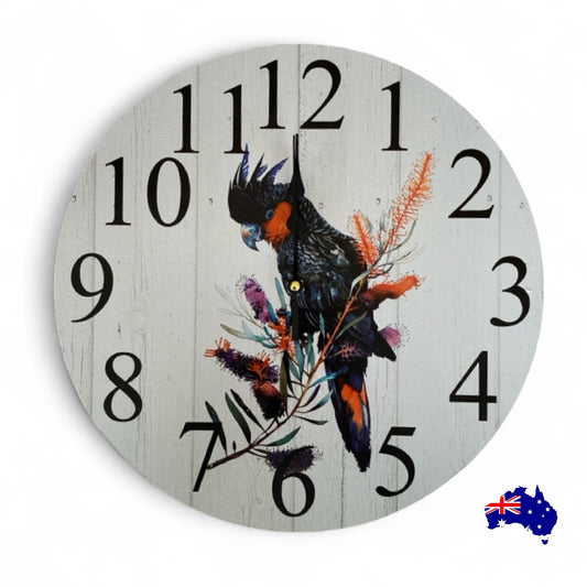 Clock Wall Black Cockatoo Bird Red 30cm or 60cm Aussie Made