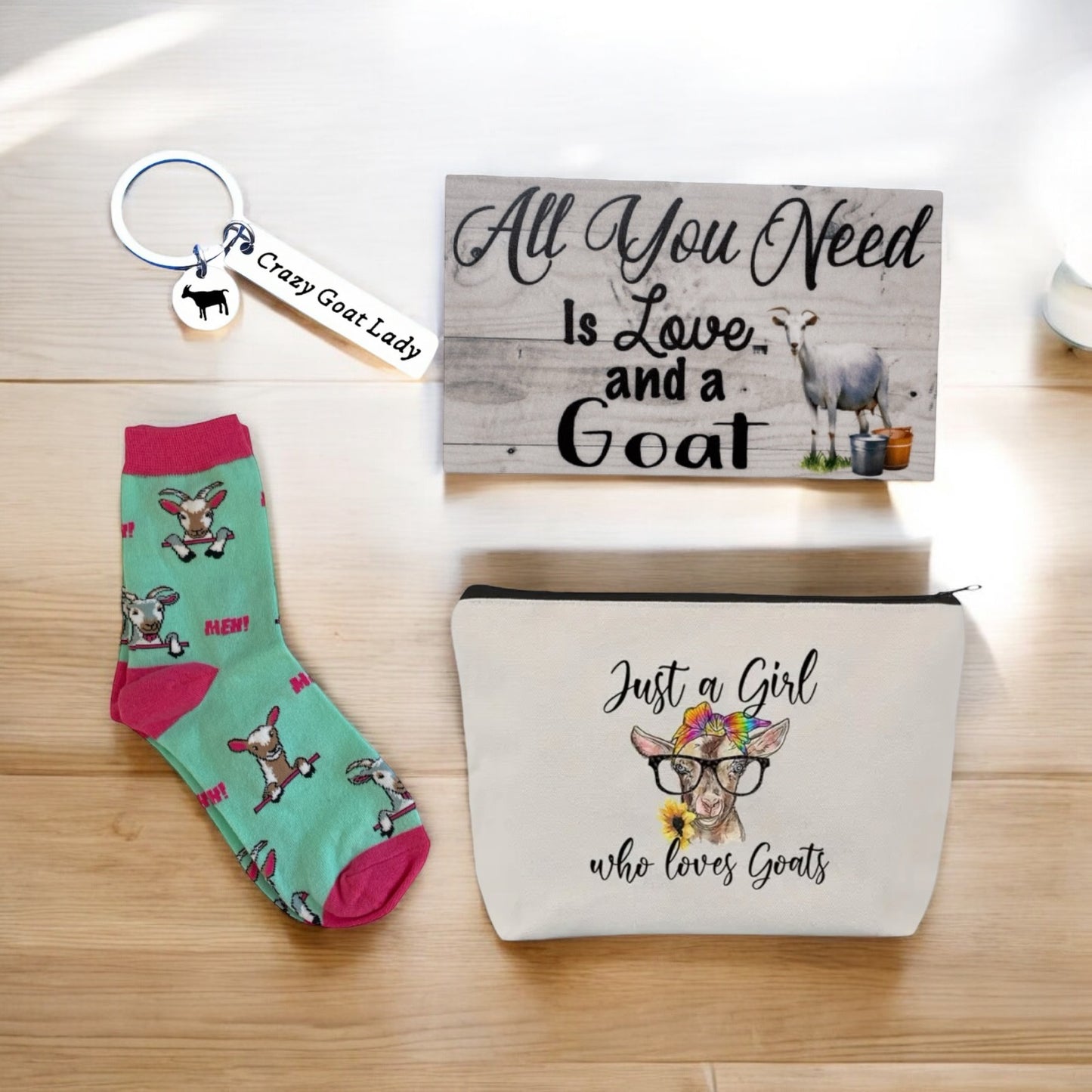 Goat Lover Socks Keyring Bag Love and Goat Sign Gift Set