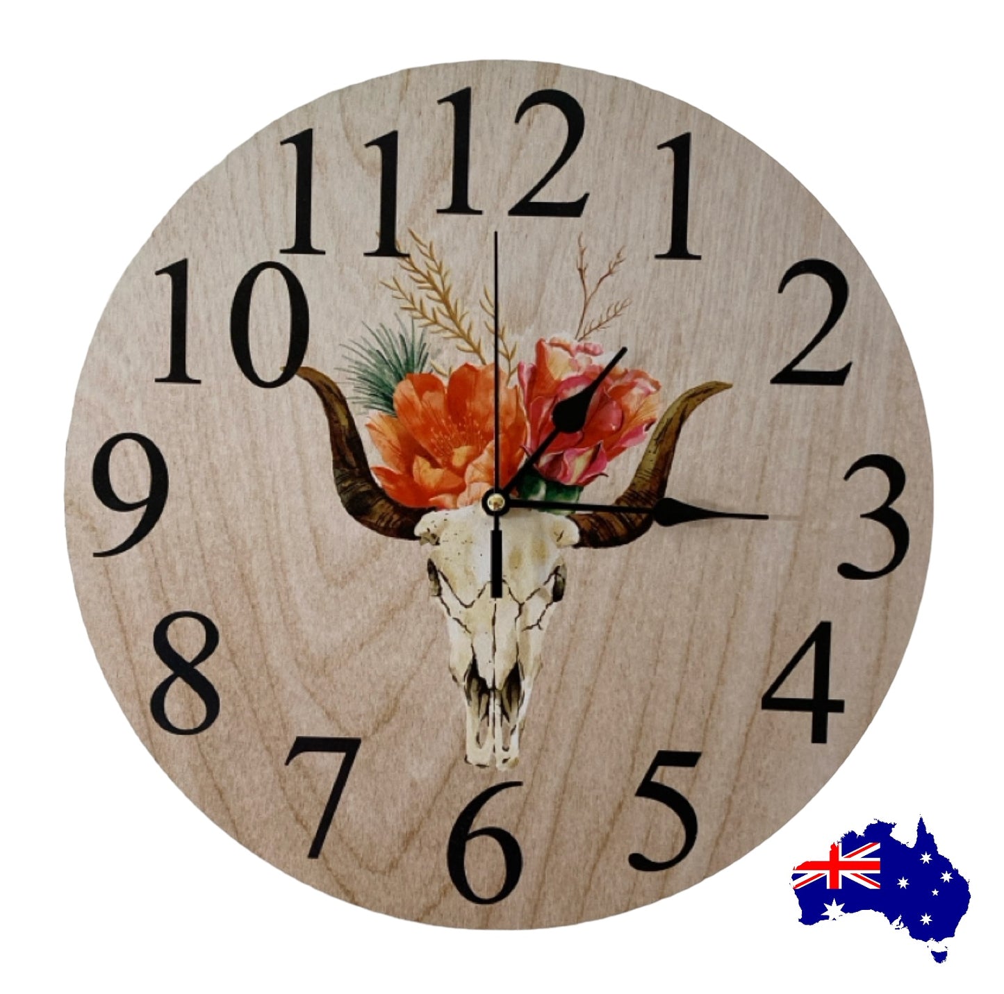 Clock Wall Wild West Cow Bull Skull Floral Aussie Made - The Renmy Store Homewares & Gifts 