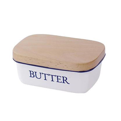 Butter Dish Enamel Wooden Lid Vintage