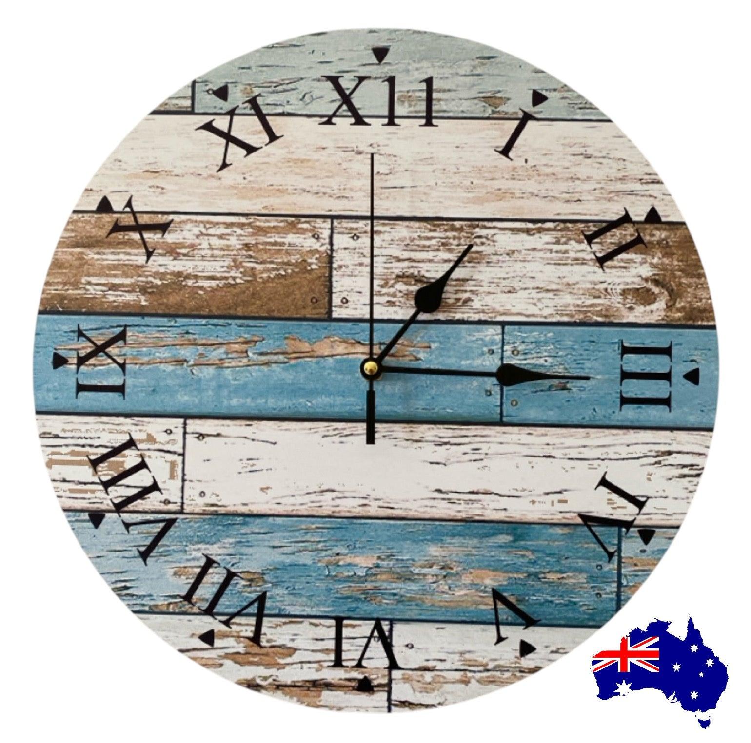 Clock Wall Rustic Blue Roman Numerals Aussie Made - The Renmy Store Homewares & Gifts 