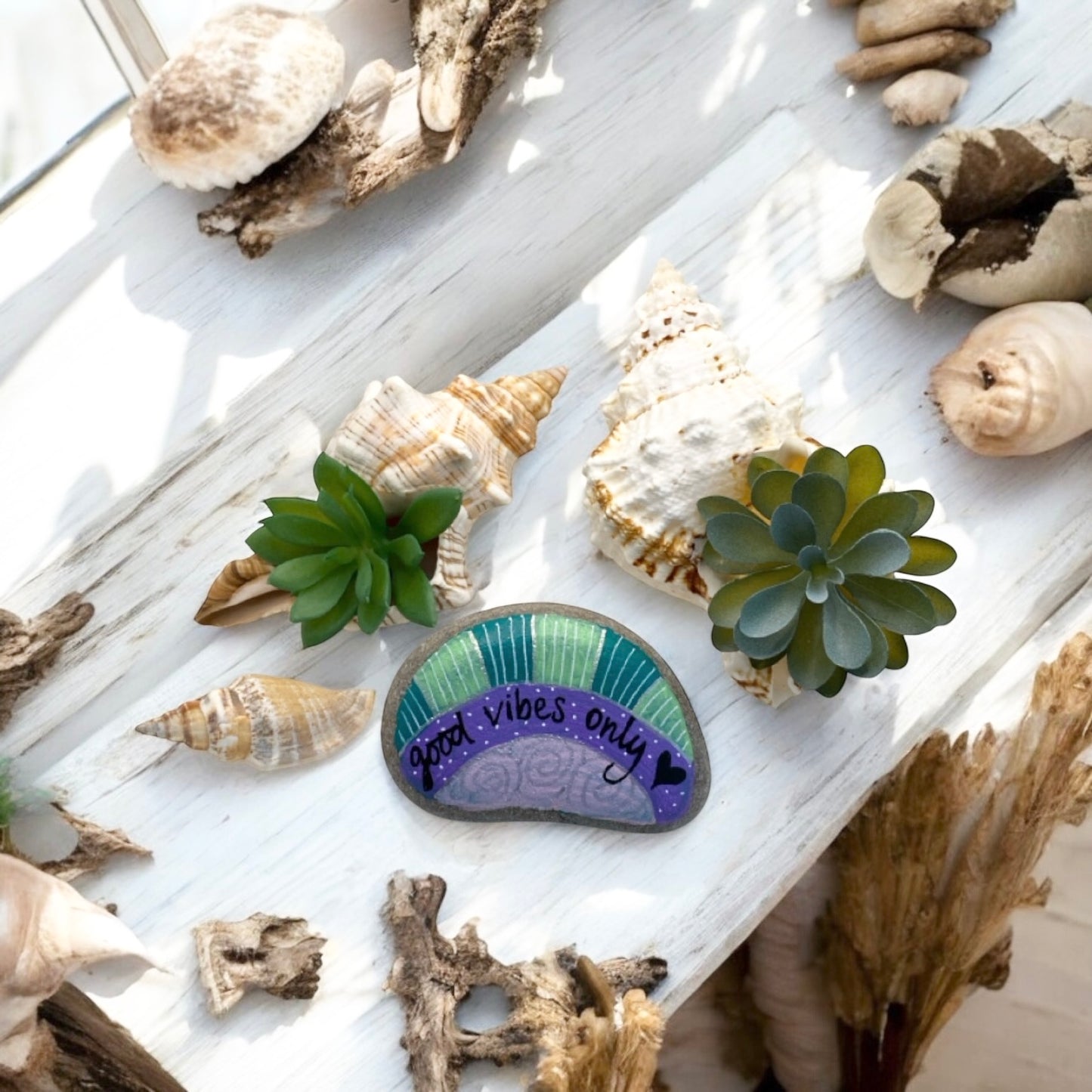 Succulent Shell Good Vibes Rock Gift