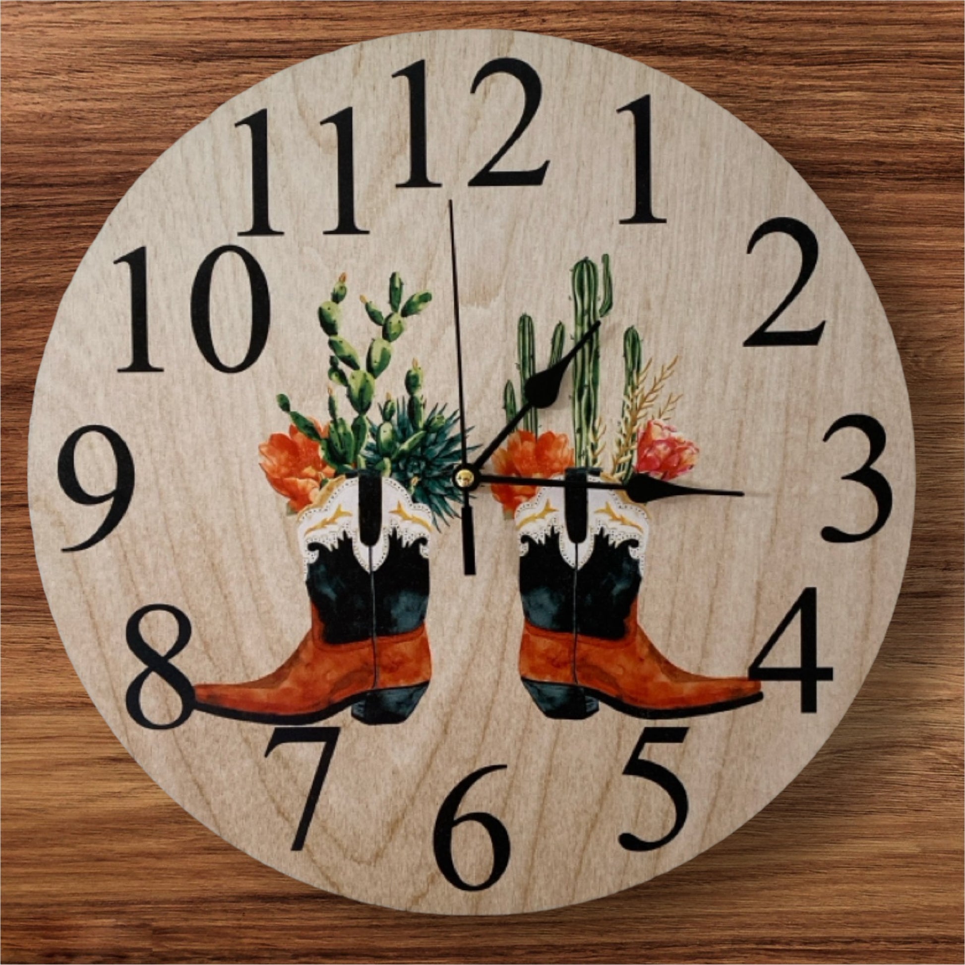 Clock Wall Western Country Boots Cactus Floral Aussie Made - The Renmy Store Homewares & Gifts 