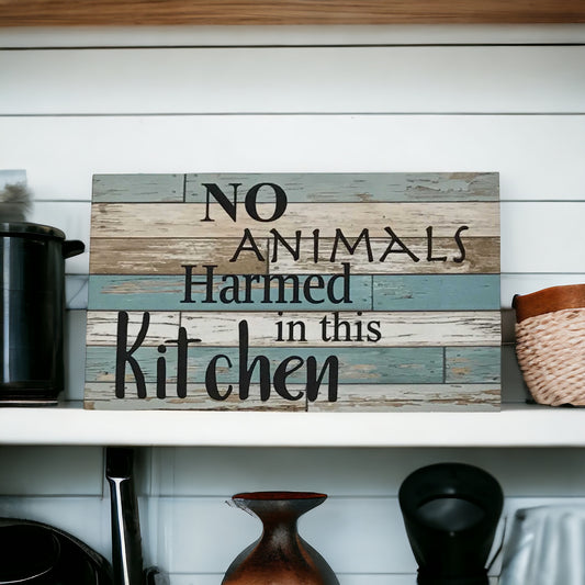 No Animals Harmed In This Kitchen Vegan Vegetarian Blue Sign - The Renmy Store Homewares & Gifts 