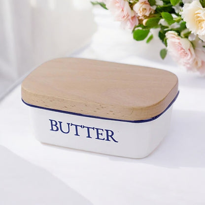 Butter Dish Enamel Wooden Lid Vintage