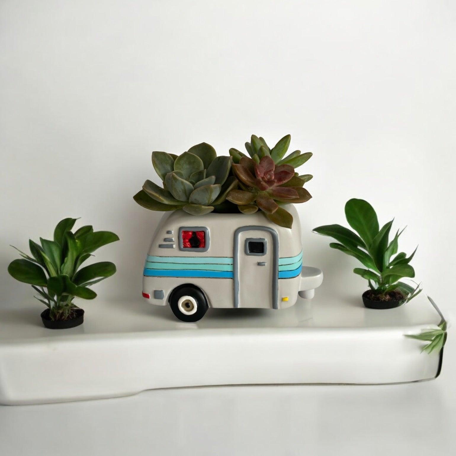 Caravan Happy Camper Grey Pot Plant Planter Small - The Renmy Store Homewares & Gifts 