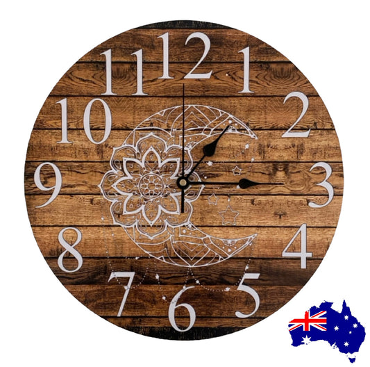 Clock Wall Moon Mandala Dark Timber Aussie Made