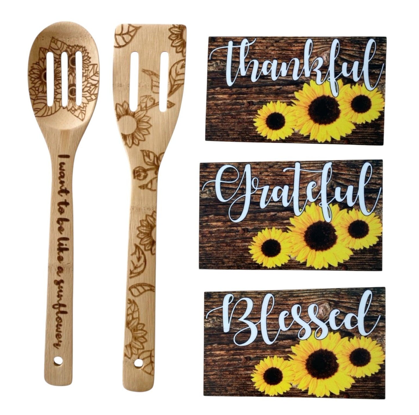 Sunflower Utensils Thankful Grateful Blessed Sign Gift