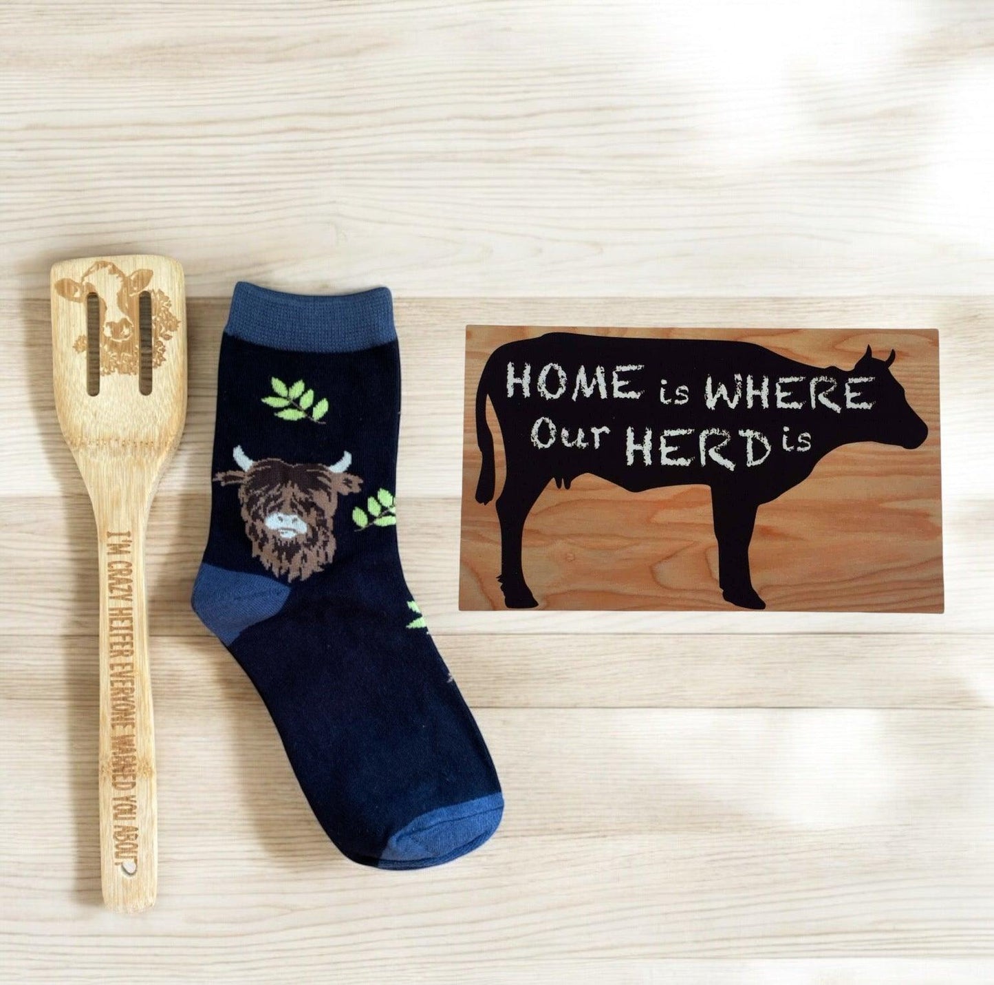 Cow Lover Wood Utensils Socks Funny Sign Gift Set - The Renmy Store Homewares & Gifts 