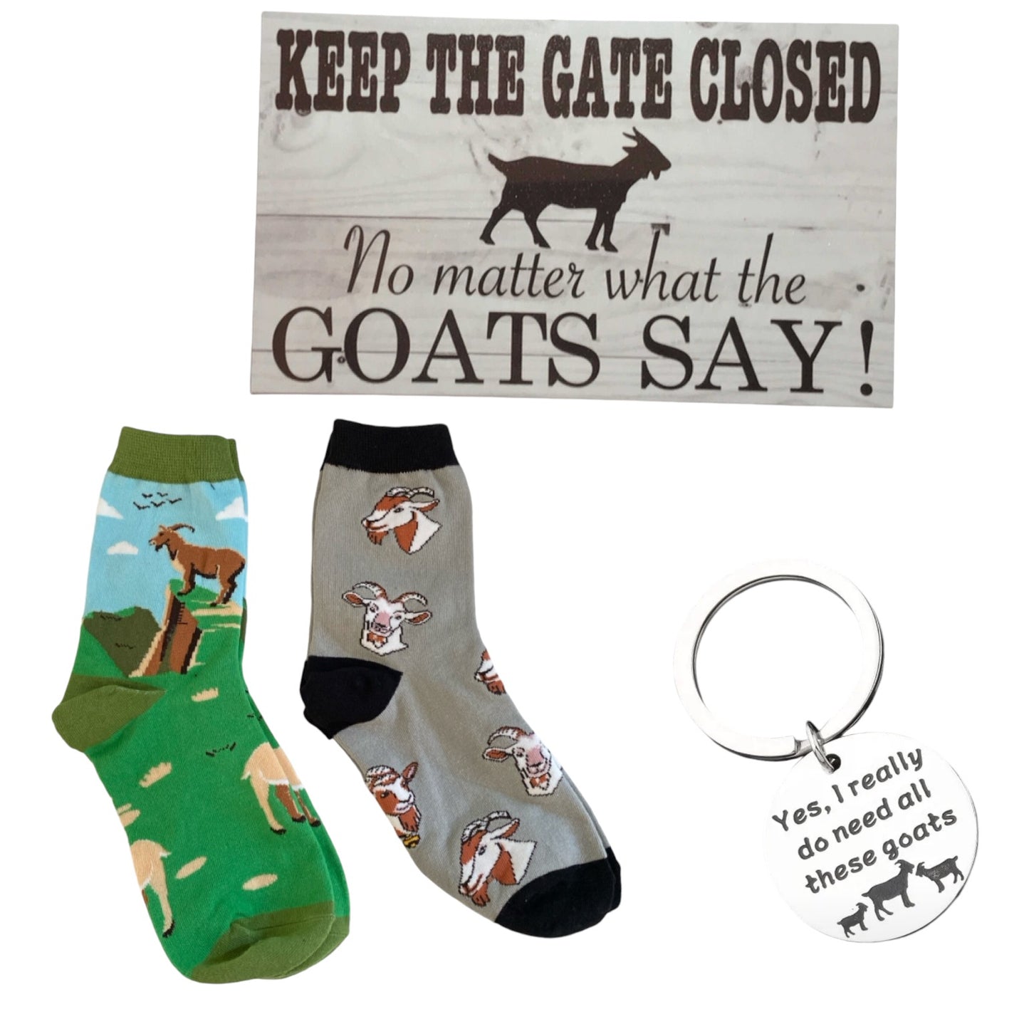 Goat Lover Socks Keyring and Warning Goat Sign Gift Set