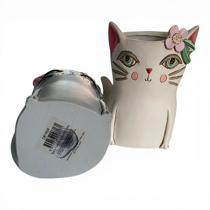 Cat Plant Pot or Pen Holder Resin Hand Painted - White or Grey Kitty 19x16cm
