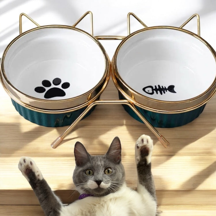 Cat Bowl with Stand Gold Green