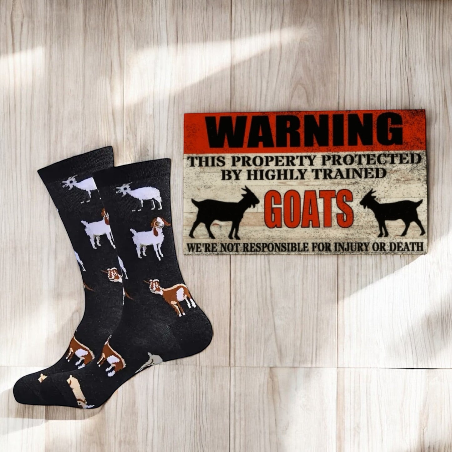 Goat Lover Socks and Warning Goat Sign Gift Set