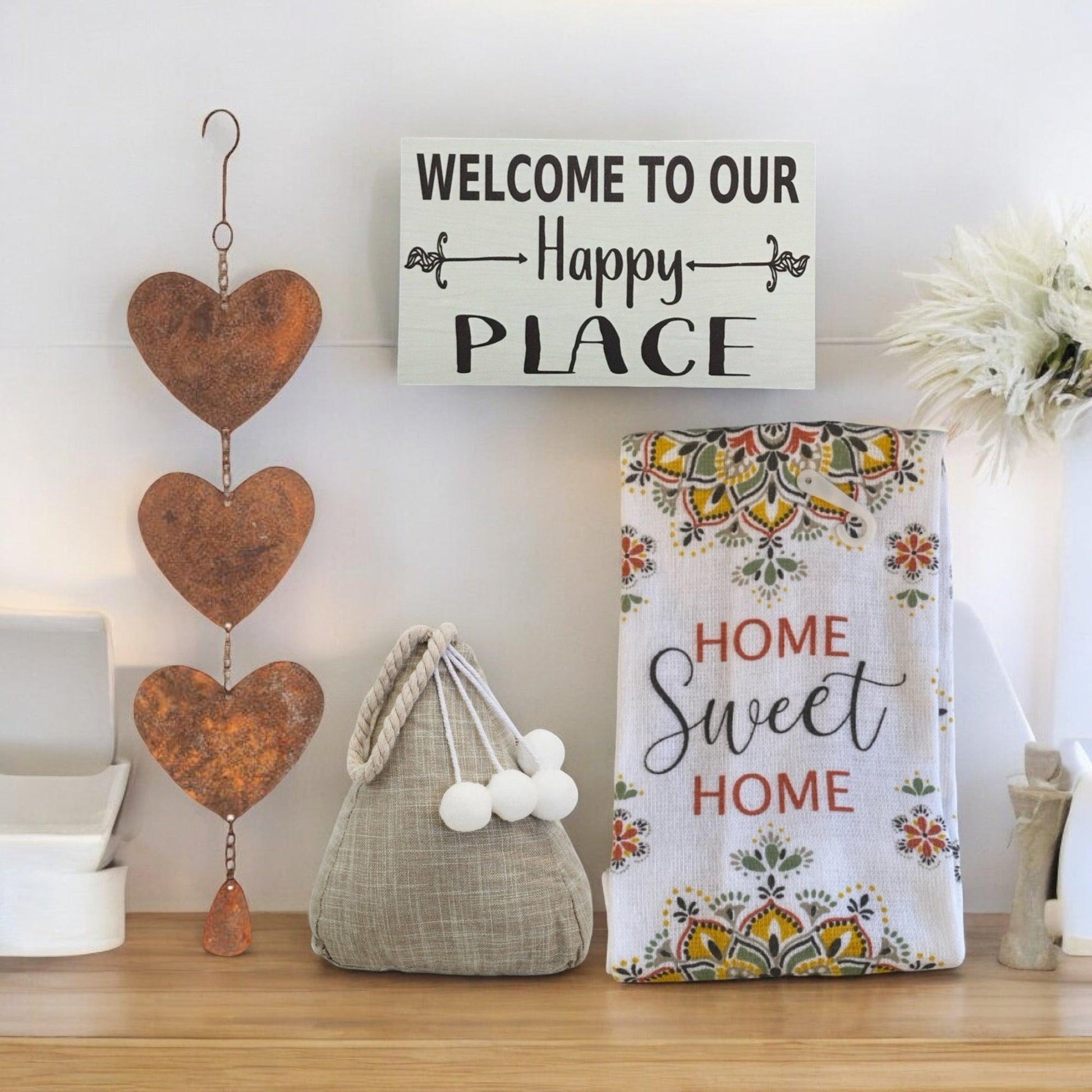 Bohemian Door Stop Hearts Tea Towel Happy Place Sign Gift Set - The Renmy Store Homewares & Gifts 