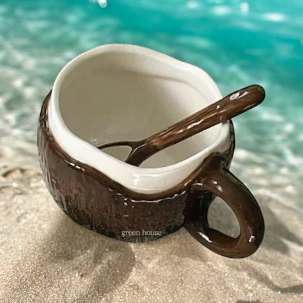 Cup Mug Spoon Coconut Coconut Shell Ceramic Tropical