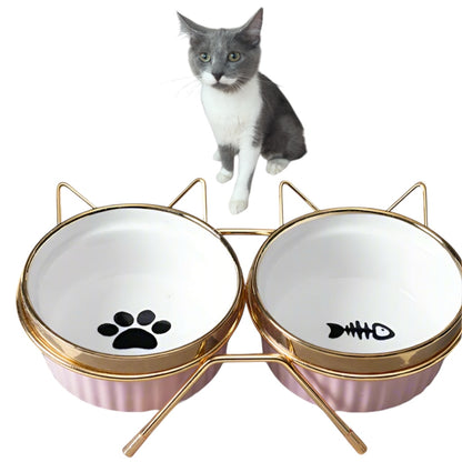 Cat Bowl with Stand Shabby Chic Gold Pink