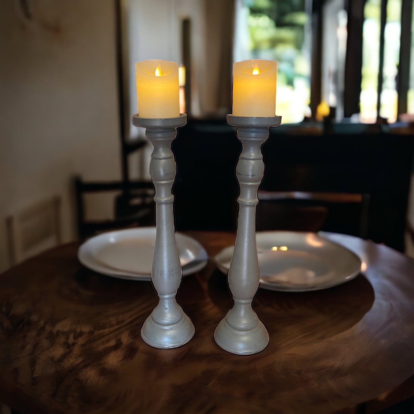 Candle Holder Pillar Grey Set of 2