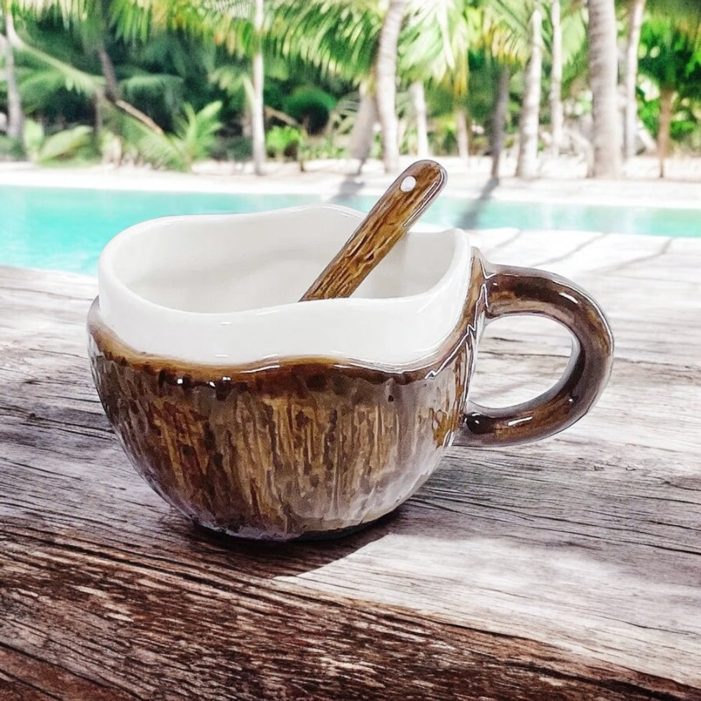 Cup Mug Spoon Coconut Coconut Shell Ceramic Tropical