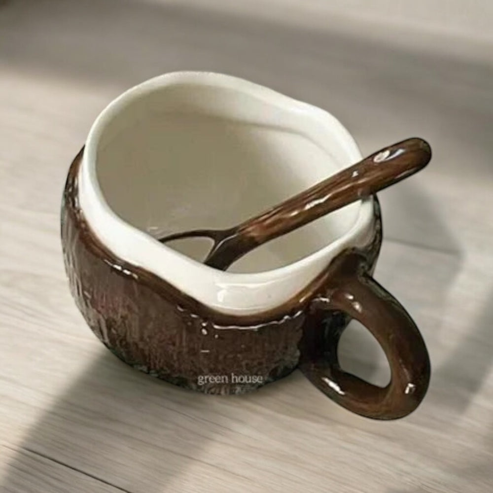 Cup Mug Spoon Coconut Coconut Shell Ceramic Tropical