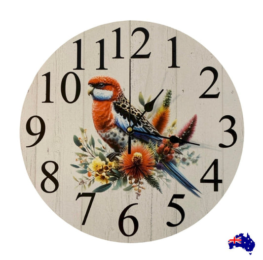 Clock Wall Rosella Bird Floral 30cm 60cm Aussie Made