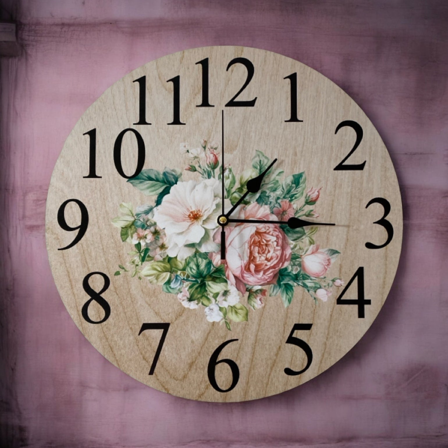 Clock Wall Floral Pink Rose Peony White Aussie Made - The Renmy Store Homewares & Gifts 