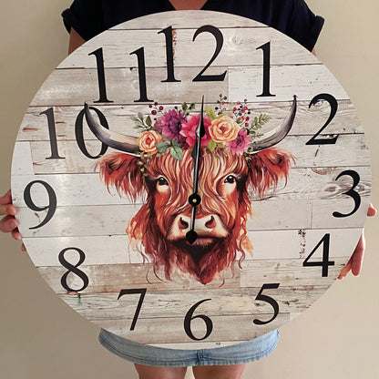 Clock Wall Highland Cow Floral Pink Purple Aussie Made | 30cm & 60cm Silent Wall Clock